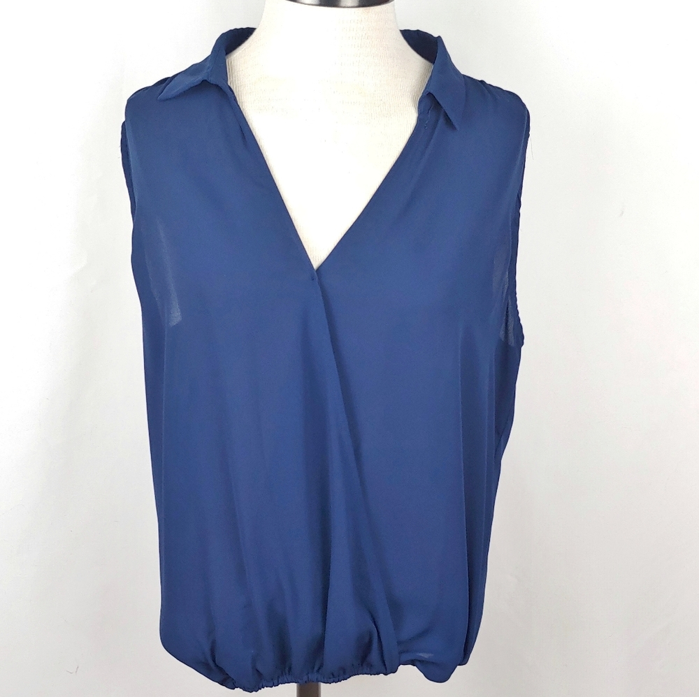 My Michelle Navy Blue Faux Wrap Sleeveless Blouse
